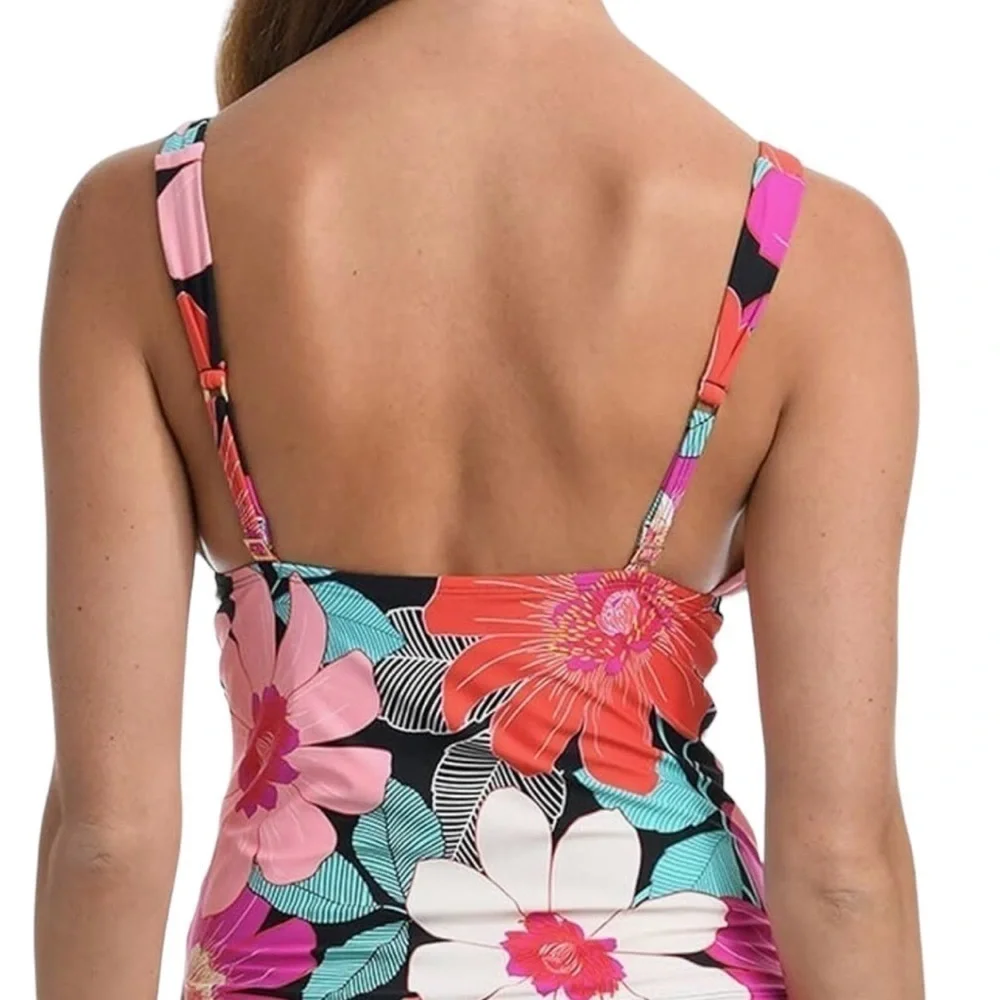 La Blanca Floral Plunge Knot Detail Tankini Top Pink Multicolored Size 4